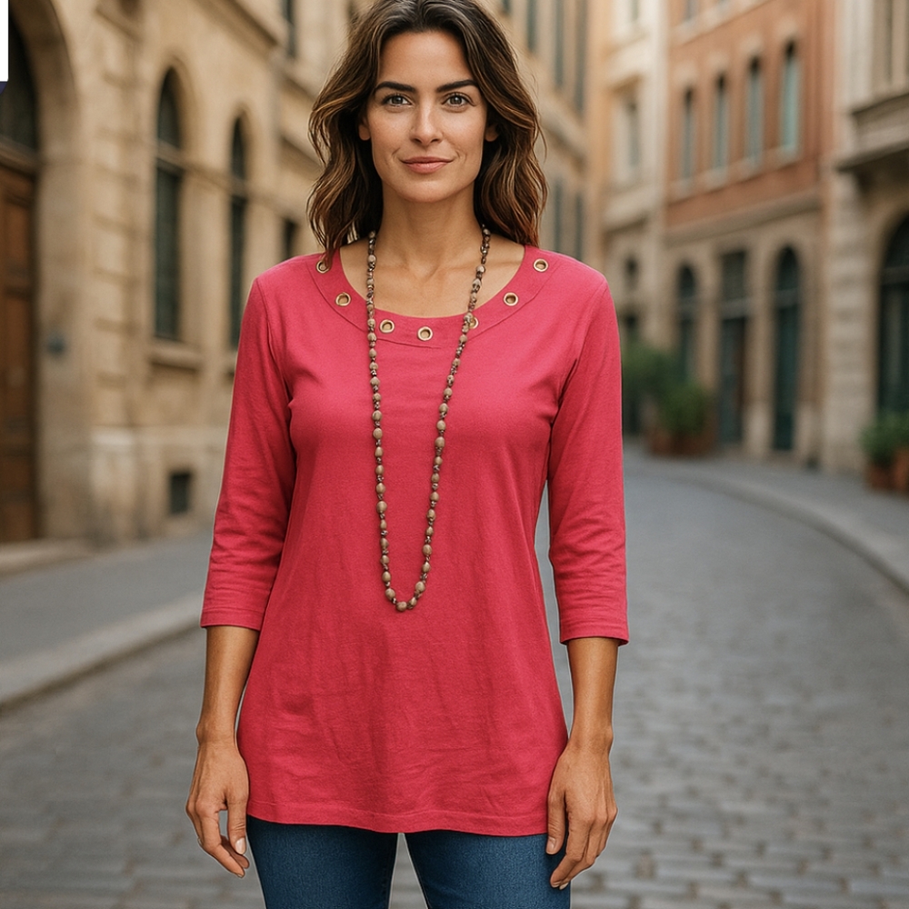 Ellen Tracy Red w/ Gold Tone Grommet Blouse